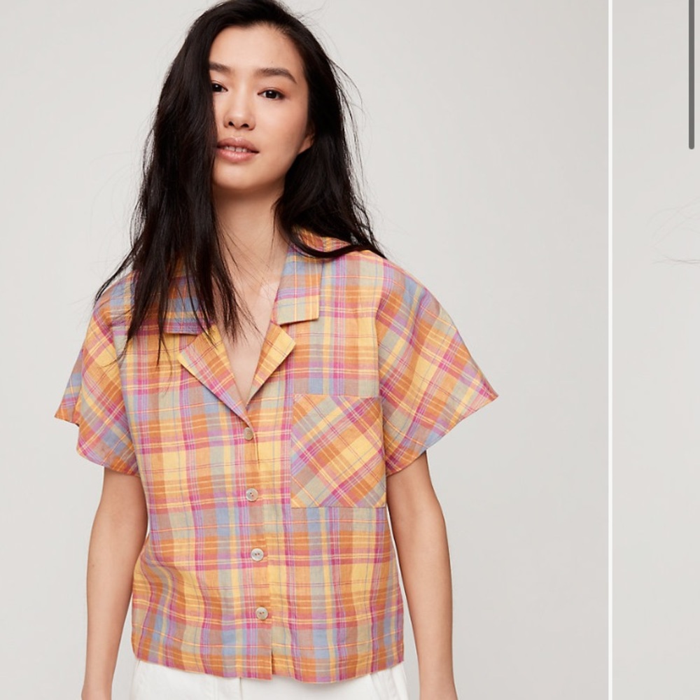 NWT Wilfred Free (Aritzia) "Shawna" 100% Linen Plaid Blouse – Yellow Iris Multi